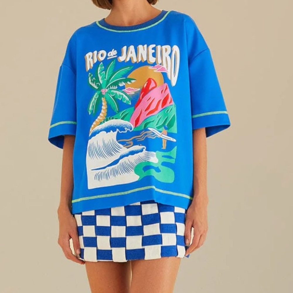 New FARM Rio Blue Graphic Short Sleeve Tee Tropical Vibrant Color Relaxed Small - Picture 4 of 11